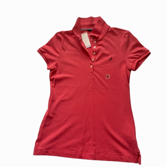 Nautica Slim Fit Womens Red Polo Top- Short Sleeve Collared Shirt- Med- NWT - Picture 2 of 9